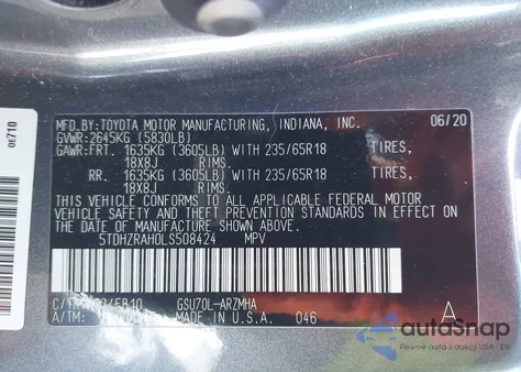 2020 Toyota Highlander Xle z USA, uszkodzony, nr VIN 5TDHZRAH0LS508424